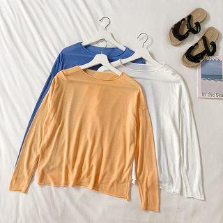 Long-sleeve Plain Sheer Knit Top