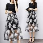 Set: Mesh Panel Short Sleeve T-shirt Dress + Floral Print Mesh Midi Skirt