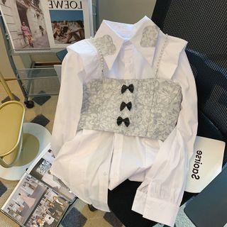 Frill Trim Shirt / Faux Pearl Floral Camisole Top