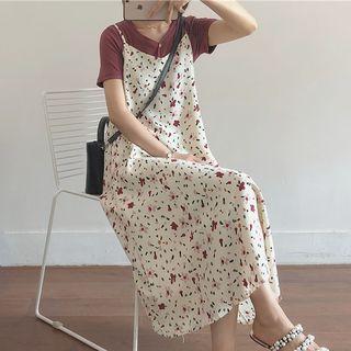 Spaghetti Strap Floral Chiffon A-line Midi Dress