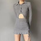 Check Crop Shirt / Drawstring Mini Fitted Skirt