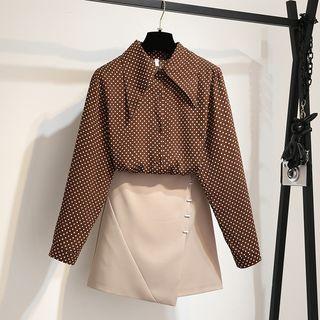 Set: Long-sleeve Dotted Shirt + Wrap A-line Skirt