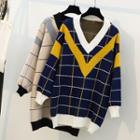Windowpane Check V-neck Boxy Sweater