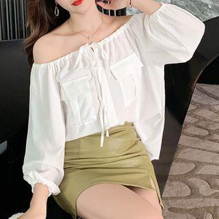 Plain Off-shoulder Tie-strap Blouse