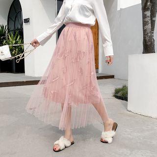 Mesh-overlay Beaded Midi A-line Skirt