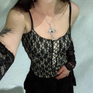Lace-up Lace Crop Camisole Top With Arm Sleeves