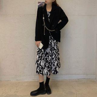 Long-sleeve Print Midi A-line Dress / Double-breasted Blazer