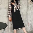 Long-sleeve Plaid Midi Dress / Sleeveless Midi Knit Dress
