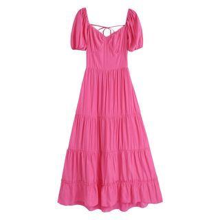 Short-sleeve Tiered Midi A-line Smock Dress