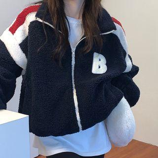 Lettering Fleece Zipped Jacket Black & White & Red - One Size