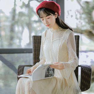 Long-sleeve Mock Neck Midi A-line Lace Dress