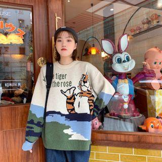 Tiger Embroidered Lettering Sweater As Shown In Figure - One Size