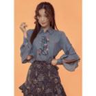 Ruffle-sleeve Flower Embroidered Denim Shirt