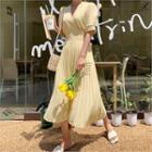 Puff-sleeve Pleated Long Wrap Dress Yellow - One Size
