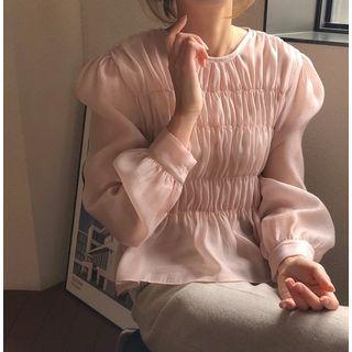 Long-sleeve Crinkled Chiffon Top Champagne Pink - One Size
