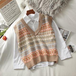 V-neck Jacquard Knit Tank Top Khaki - One Size