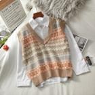 V-neck Jacquard Knit Tank Top Khaki - One Size