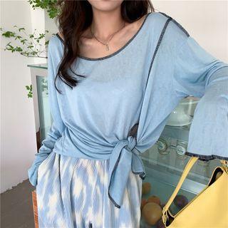 Long-sleeve Cutout Tie-front T-shirt Blue - One Size