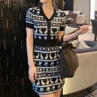 Short-sleeve Jacquard Knit Mini Bodycon Dress