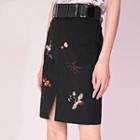 Crane Embroidered Straight Cut Fitted Skirt