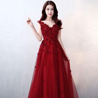 Rose Embroidered Sleeveless A-line Evening Gown
