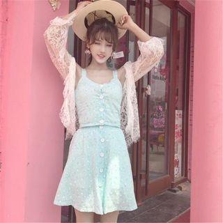 Set: Floral Print Tank Top + A-line Skirt + Lace Light Jacket