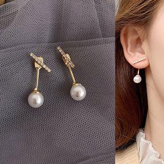 Rhinestone Bar Faux Pearl Dangle Earring 1 Pair - As Shown In Figure - One Size