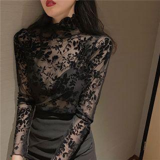 Mock-neck Floral Lace Top Black - One Size