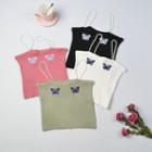 Faux Pearl Strap Butterfly Embroidered Knit Top