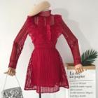 Long-sleeve Mock Neck A-line Crochet Lace Dress