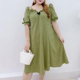 Plus Size Puff-sleeve Bow Print Smock Dress