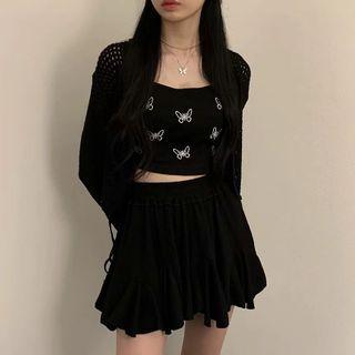 Drawstring Butterfly Embroidered Cropped Camisole Top