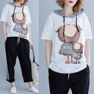 Bear Print Hooded Short-sleeve T-shirt White - One Size