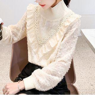 Long-sleeve Mock-neck Frill Trim Lace Blouse