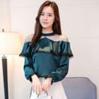 Mesh Panel Ruffle Long-sleeve Chiffon Blouse