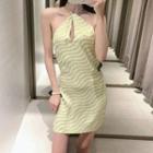 Halter-neck Curve-striped Mini Sheath Dress