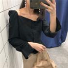 Plain Puff-sleeve Slim-fit Cropped Blouse
