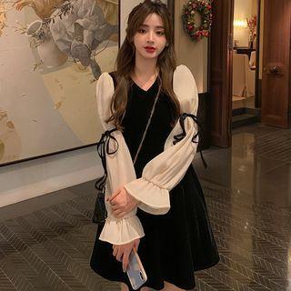 Long-sleeve Two-tone Mini A-line Dress Black - One Size
