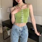 Halter Knit Cropped Camisole Top / High Waist Straight Leg Jeans