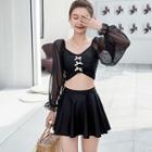 Set: Bow Detail Long-sleeve Tankini + Swim Skirt