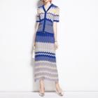 Set: Color Block Knit Cardigan + Midi Straight-fit Skirt Peacock Blue - One Size