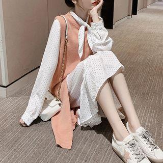 Set: Side-slit Knit Long Vest + Dotted Tie-neck Long-sleeve Midi Dress