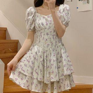Puff-sleeve Layered Floral Mini A-line Dress