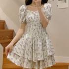Puff-sleeve Layered Floral Mini A-line Dress