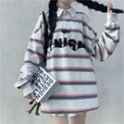 Long-sleeve Striped Lettering Polo Shirt / Pleated A-line Mini Skirt
