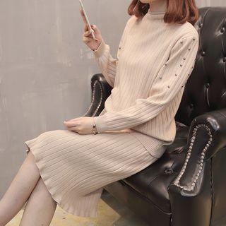 Set: Mock-neck Beaded Sweater + Knit Skirt