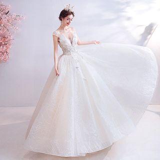 Deep V-neck Faux Pearl Floral A-line Wedding Gown