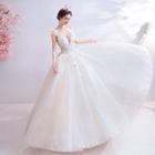 Deep V-neck Faux Pearl Floral A-line Wedding Gown
