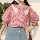Lace Trim Plaid Elbow-sleeve Blouse Plaid - Red - One Size