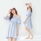 Elbow-sleeve Striped A-line High-low Dress Blue - One Size